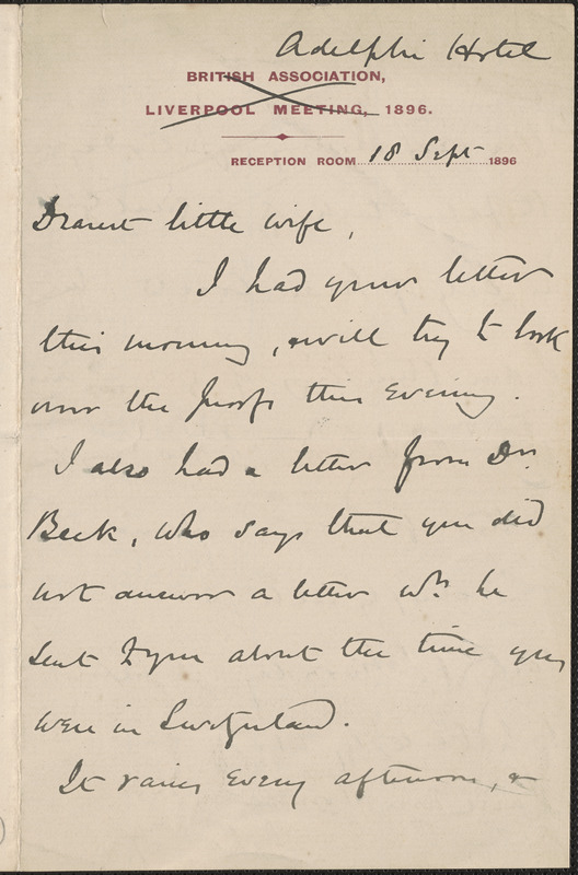 [John Biddulph Martin] autograph note to [Victoria Woodhull Martin, Liverpool, England], September 18, 1896
