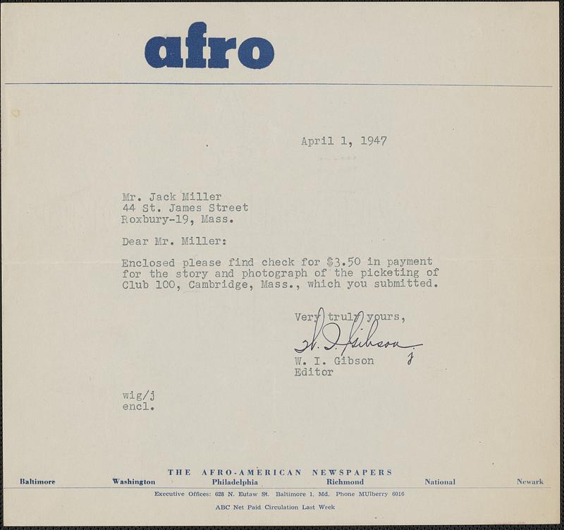 Letter from W. I. Gibson, Baltimore, to Jack Miller, Roxbury, 1947 April 1