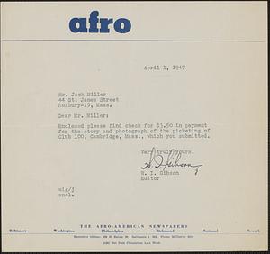 Letter from W. I. Gibson, Baltimore, to Jack Miller, Roxbury, 1947 April 1