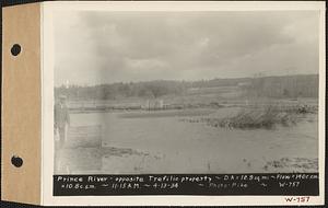 Prince River, opposite Trefilio property, drainage area = 12.9 square miles, flow = 140 cubic feet per second = 10.8 cubic feet per second per square mile, Worcester County, Mass., 11:15 AM, Apr. 13, 1934