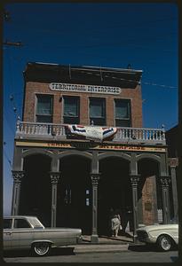 Front of Territorial Enterprise building with Centennial banner on balustrade, Virginia City, Nevada