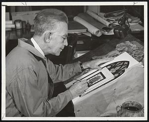 A new stained glass window of Melrose Highlands Congregational Church were given by craftsmen Wilbur Herbert Burnham and his son, Wilbur, Jr., and were made in their Boylston street studios, Boston. These photos by the Rev. Russell T. Loesch, pastor, show their construction. Colored Scale Design is the first step in building the concept of a stained glass window by Wilbur H. Burnham Sr., at his drawing board (below).