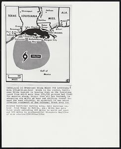 Hurricane Hilda Heads for Louisiana With 130-mile-an-hour winds in the center, hurricane Hilda tonight is bearing down on the Louisiana coast from which more than 125,000 persons had fled. The massive storm, bigger than all New England, is advancing six miles an hour and shifting course toward the east slightly. At nightfall it was about 225miles southwest of New Orleans. Black area indicates hurricane warning area. Gale warnings extend from Texas to Mobile, Ala. Hilda has gale force winds extending 200 miles to north and east and 100 miles to southwest.