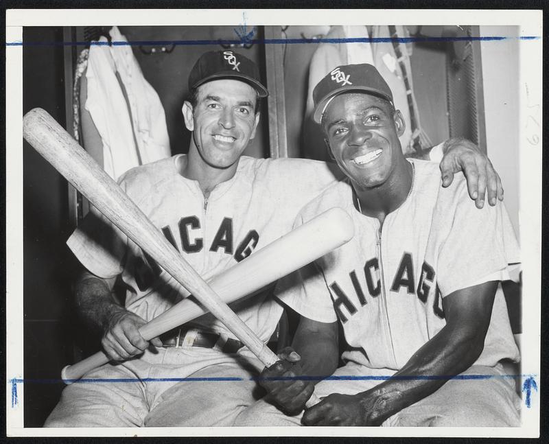 Big Batters for Sox, White Sox, that is, as the Chicagoans swept their series with the Red Sox taking the third game yesterday, 13-4, were outfielders Jim Rivera (left) and Minnie Minoso. who led the 18-hit assault. Rivera had a single, triple and homer; Minoso three singles and a homer with each collecting three rbi.