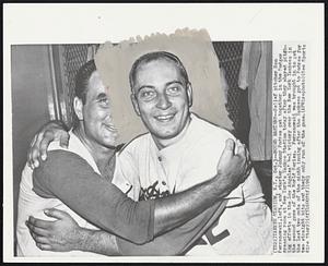 Mound Masters--Relief pitcher Ron Perranoski, left, and starter Johnny Podres get together in the Dodgers dressing room at New York’s Yankee Stadium today after they shared pitching efforts in the Los Angeles’ 4-1 victory over the New York Yankees in the second game of the World Series. Perranoski was brought in to get the last two outs of the ninth inning after the Yankees got to Podres for two straight hits and their only run of the game.