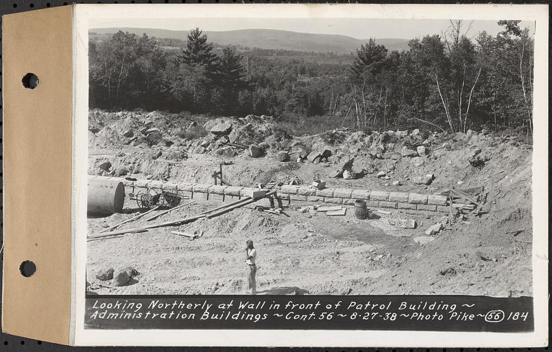 Contract No. 56, Administration Buildings, Main Dam, Belchertown, looking northerly at wall in front of patrol building, Belchertown, Mass., Aug. 27, 1938