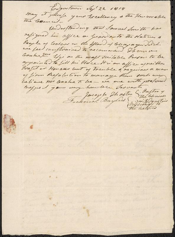 Chappaquiddick and Christiantown - Correspondence Regarding Guardianship, 1818