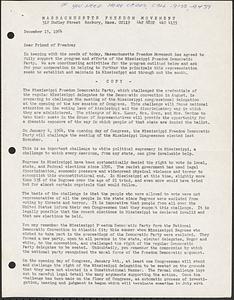 Letter about Massachusetts Freedom Movement supporting the Mississippi Freedom Democratic Party and outlining coordinating activities for the program