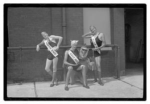 Three men posing wearing sashes, Boston Park Department Circus entertainers