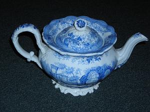 Staffordshire teapot with ancient ruins pattern