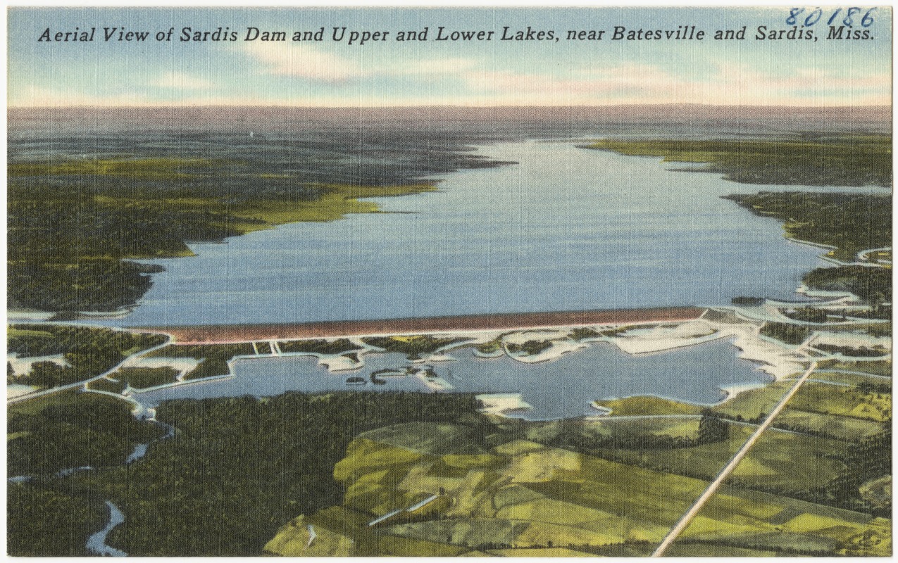 Aerial view of Sardis Dam and upper and lower lakes, near Batesville and Sardis, Miss.