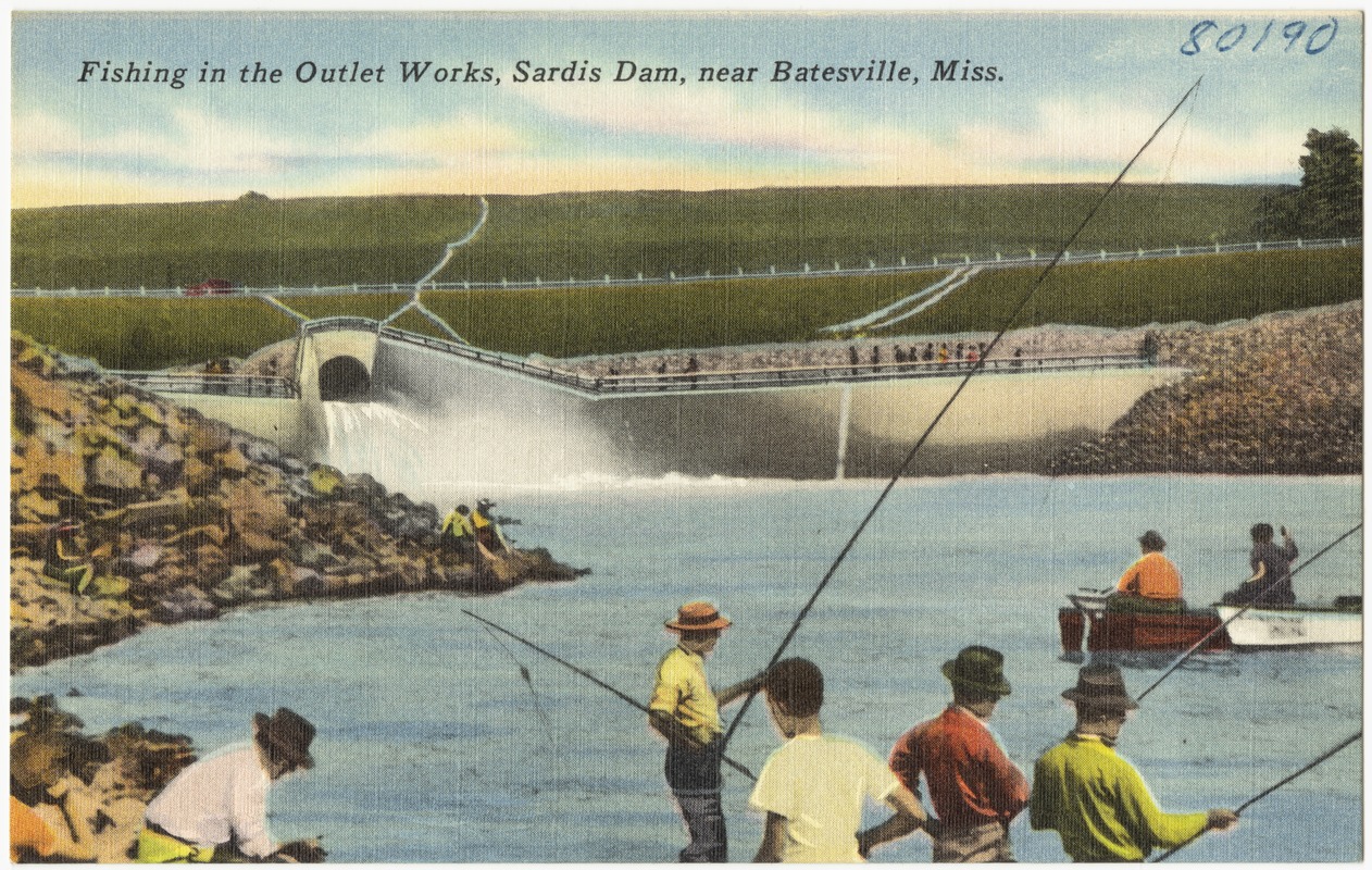 Fishing in the outlet works, Sardis Dam, near Batesville, Miss