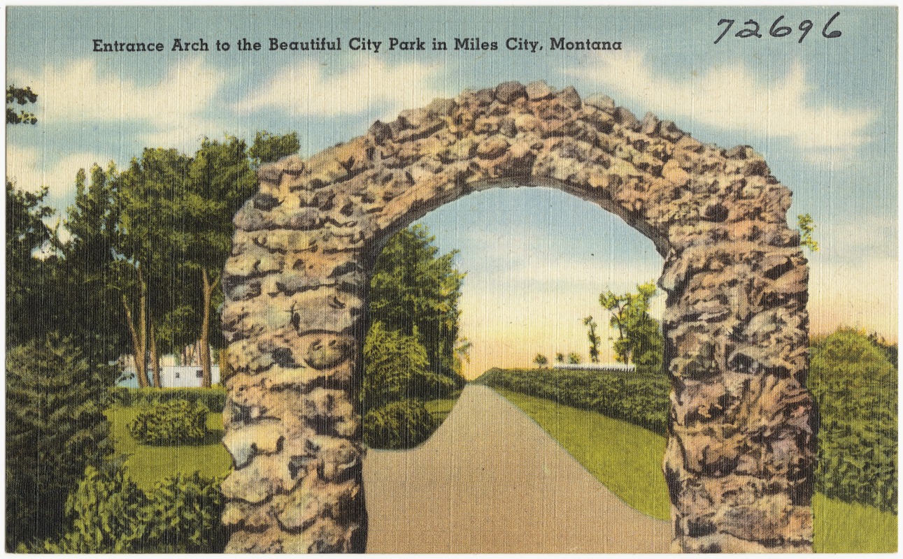Entrance arch to the beautiful city park in Miles City, Montana