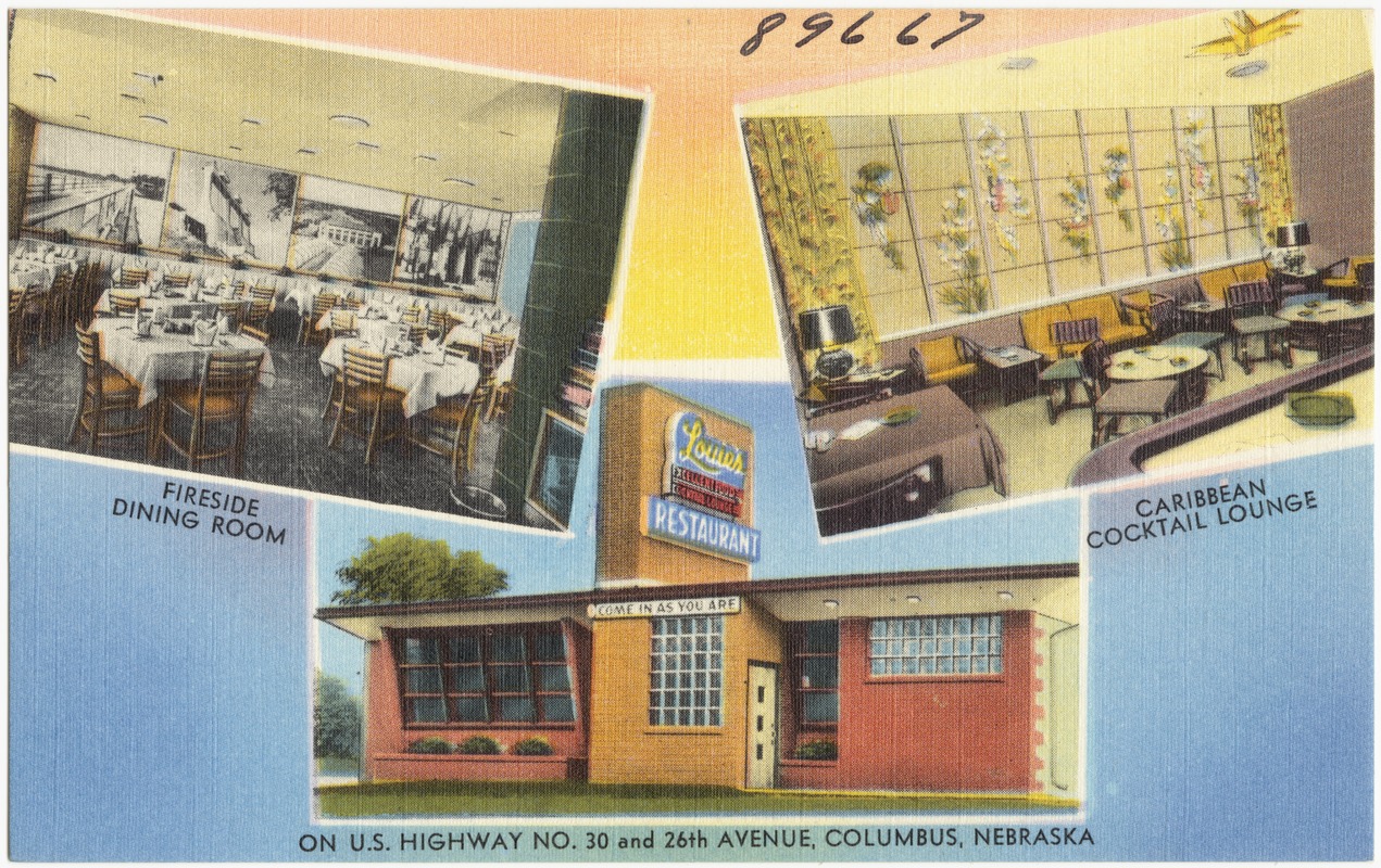 Louie's' Restaurant, fireside dining room, Caribbean cocktail lounge, on U.S. Highway No. 30 and 26th Avenue, Columbus, Nebraska