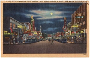 Looking west on Fremont Street towards Union Pacific Station at night, Las Vegas, Nevada