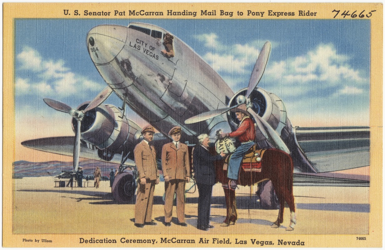 U.S. Senator Pat McCarran handing mail bag to Pony Express rider, Dedication Ceremony, McCarran Air Field, Las Vegas, Nevada