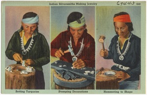 Indian silversmiths making jewelry, setting turquoise, stamping decorations, hammering to shape