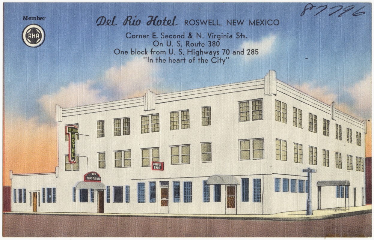 Del Rio Hotel, Roswell, New Mexico. Corner E. Second & N. Virginia Sts., on U.S. Route 380, one block from U.S. Highways 70 and 285, "In the heart of the city"
