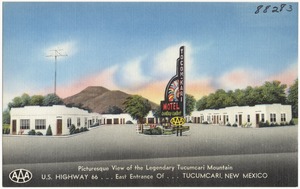 Tocom-Kari Motel, picturesque view of the legendary Tucumcari Mountain. U.S. Highway 66... East entrance of... Tucumcari, New Mexico