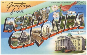 Greetings from North Carolina, state capitol in Raleigh, state flower the Dogwood, state bird the Cardinal
