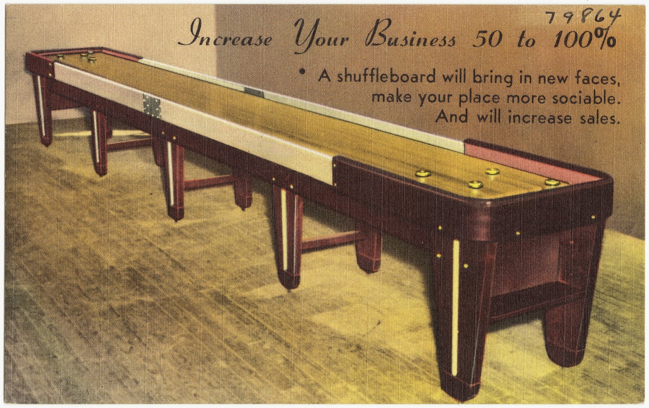 Increase your business 50 to 100%, a shuffleboard will bring in new faces, makes your place more sociable, and will increase sales. Congress Shuffleboard Company, 520 N. Tryon St., Charlotte, N. C.