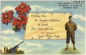 Fort Bragg 72 F. A., N. C., residence - 6 Maple St., Roxbury, Mass.