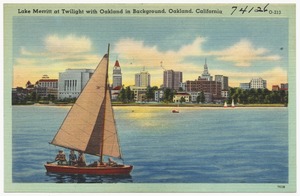 Lake Merritt at twilight with Oakland in background, Oakland, California