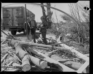 Military man, holding broken toys and talking to two men, one of whom is taking notes, amid downed trees