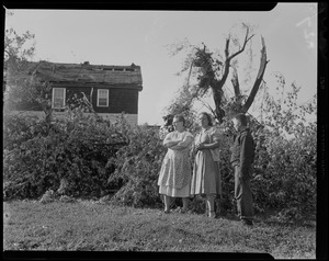 Two women and boy standing near downed trees and building damaged by tornado