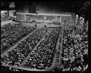 Crowd during revival service with Billy Graham at Mechanics Building in Boston