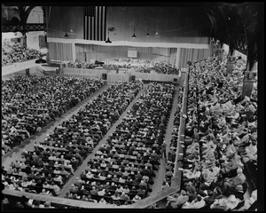 Crowd during revival service with Billy Graham at Mechanics Building in Boston