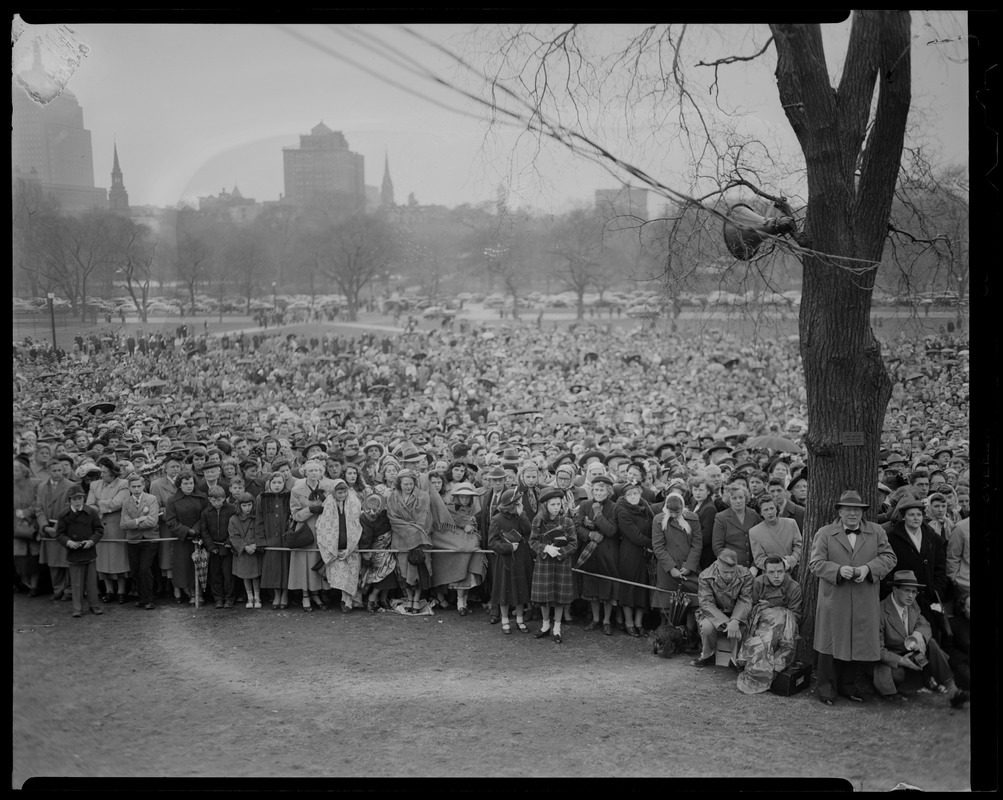 Large crowd standing behind rope in Boston Common for Billy Graham event