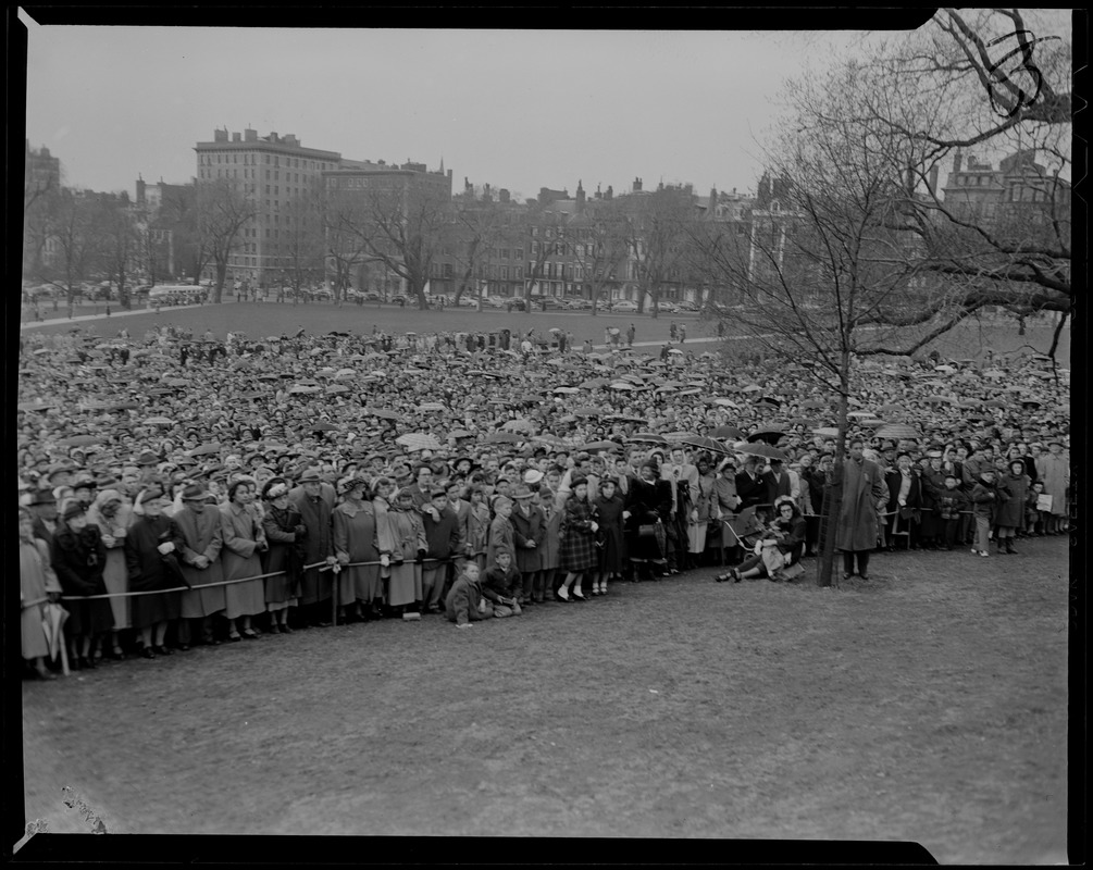 Large crowd standing behind rope in Boston Common for Billy Graham event