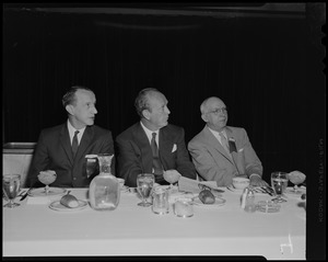 President of the Western Mass. Safety Council Lincoln Crosby, William Randolph Hearst, Jr., and president of the Mass. Safety Council Charles L. O'Reilly seated at table at Governor's traffic safety luncheon