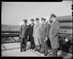 Led by Brig Gen John C. Steele, commander of Army's Nike Missile defenses of Boston, this group of state officials at the unveiling of the Hercules Missile L to R: Capt. Earl C. Betts, Commander of Bat "D," Lt. Gov. Robert Murphy, Clement Kennedy, Civilian Aide to the Sec of War, Brig Gen John C. Steele, and John Devlin, State Director of Civil Defense