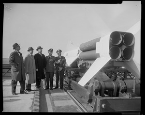 State Director of Civil Defense John Devlin, Civilian Aide to the Sec of War Clement Kennedy, Lt. Gov. Robert Murphy, Bat "D" Commander Capt. Earl C. Betts, and Brig Gen John C. Steele at unveiling of Hercules Missile at North Weymouth Missile Base