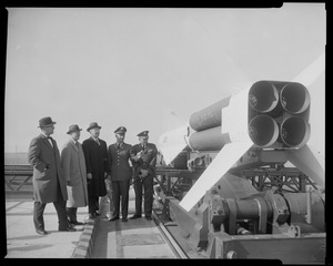 State Director of Civil Defense John Devlin, Civilian Aide to the Sec of War Clement Kennedy, Lt. Gov. Robert Murphy, Bat "D" Commander Capt. Earl C. Betts, and Brig Gen John C. Steele at unveiling of Hercules Missile at North Weymouth Missile Base