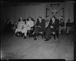 Tennessee Governor Frank Clement, Richard Nixon, and Billy Graham seated with others in front of VFW banner