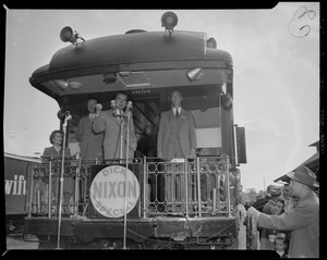 Vice presidential candidate Richard Nixon speaking from back of train, with Pat Nixon, Senator Henry Cabot Lodge, Jr. and Congressman Christian A. Herter