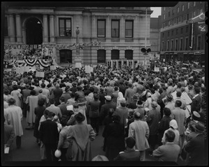 Crowd at rally for Vice President Richard Nixon in front of Providence City Hall