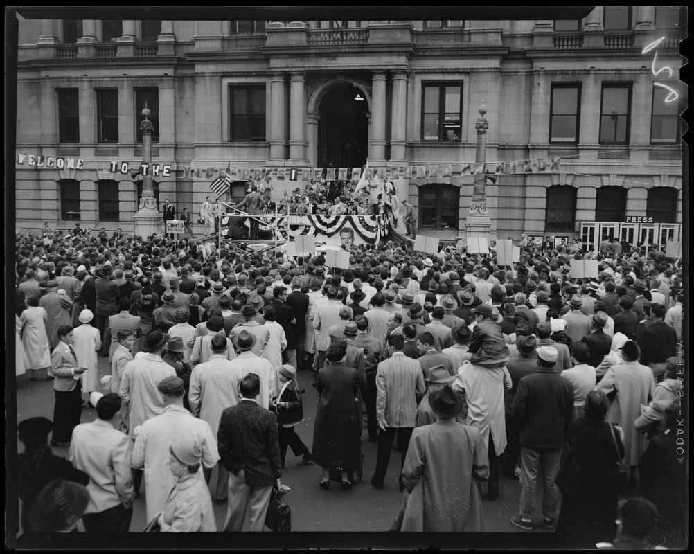 Crowd at rally for Vice President Richard Nixon in front of Providence ...