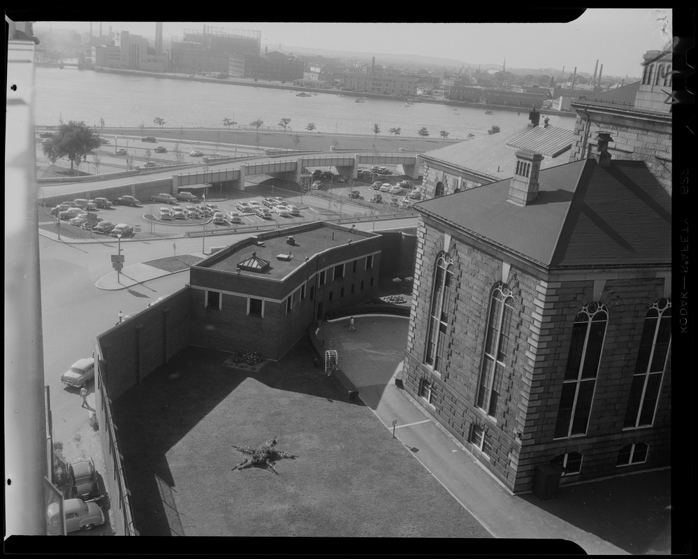 View of Charles Street Jail, parking lot, and Charles River