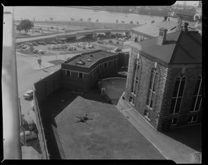 View of Charles Street Jail, parking lot, and Charles River