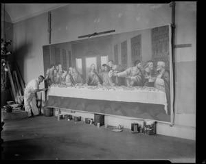 Gaston Goyette, famed ecclesiastical artist, winds up two months' work -- at 10 hours a day -- on a painting copied from da Vinci's Last Supper, which will be placed above the main altar of St. Gregory's Church in Dorchester