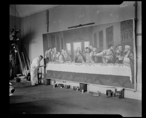 Gaston Goyette, famed ecclesiastical artist, winds up two months' work -- at 10 hours a day -- on a painting copied from da Vinci's Last Supper, which will be placed above the main altar of St. Gregory's Church in Dorchester