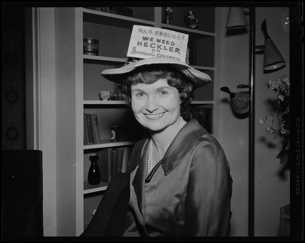 Mrs. Margaret M. Heckler of Wellesley wearing hat with sign saying "Had enough! We need Heckler on Governor's Council"