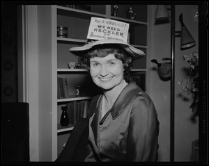 Mrs. Margaret M. Heckler of Wellesley wearing hat with sign saying "Had enough! We need Heckler on Governor's Council"