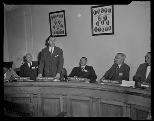 Francis X. Ahearn, acting Mayor of Boston, speaking at Governor's Conference, with Carl Nelson, John A. Volpe, Robert W. Bodfish, and Donald H. Blatt