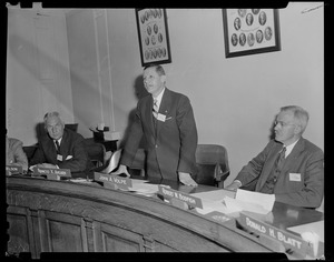 John A. Volpe, Comm. of Public Works, speaking at the Governor's Conference, with Carl Nelson, Robert W. Bodfish, and Donald H. Blatt