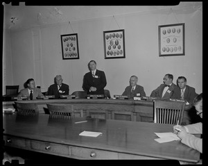 John A. Volpe, Comm. of Public Works, speaking at the Governor's Conference, with John A. Briggs, Carl Nelson, Robert W. Bodfish, Donald H. Blatt, and William Stapelton